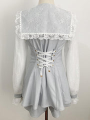 Fresh Light Blue Sailor Set: Jirai Kei Mesh-Sleeve Mini Dress with Shorts and Detachable Bow