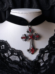Victorian Gothic Red Rhinestones Black Velvet Cross Choker