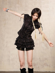 Y2K Gyaru Fashion Black Short Sleeve Leopard Print Punk Top with Ruffle Trim & Puff Sleeves