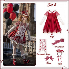 Red Stripes Clowncore Lolita Dress Set - Juliette Sleeves OP + Detachable Printed Panel + Bow + KC + Waist Belt