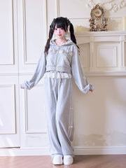 Sweet Sporty Jirai Kei Set: Gray Hoodie with White Lace Details/ Layered Skirt/ Elastic Waist Pants