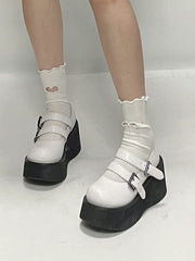 White Mary Janes - Double Buckle Design & Black Platform Sole
