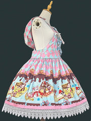 Pink & Green Diamond Pattern Sweet Lolita Overall Dress with Dessert Print and Cat Ear Hood