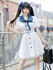 White Sailor Collar Academy Chiffon Dress with Puff Sleeves and Belt
