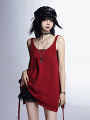 Red Side Slit Vintage Glamorous Tank Top with Black Bustier Top Set