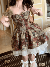 Vintage Bear Print Brown Slip Dress Basque Waist and Mesh Flounce Hem