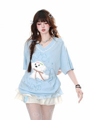 Yume Kawaii Adorable Puppy Pattern White/Blue Loose T-Shirt