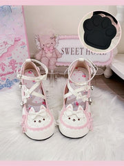 White Sweet Lolita Mid-heel Shoes in PU Leather - Cat Decor, Bow Accents, Heart Closure & Paw-shaped Heel