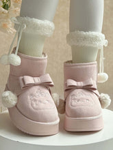 Sweet Pink Lolita Winter Platform Boots - Pompom Accent Bow Design with Embroidered Kitty & Warm Inner