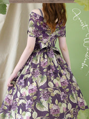 Purple Grapes Print Bowknot Neckline Classic Jumper Skirt