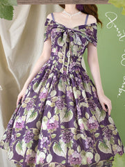 Purple Grapes Print Bowknot Neckline Classic Jumper Skirt