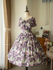 Purple Grapes Print Bowknot Neckline Classic Jumper Skirt