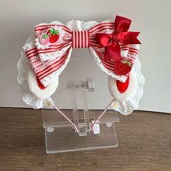 Sweet Bunny Ear Strawberry Theme Striped Oversized Bowknot KC