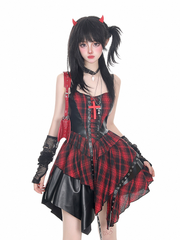 Red Punk Rock Cami Dress with Patchwork, Lace-up Design & Plaid Pattern