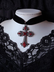 Victorian Gothic Red Rhinestones Black Velvet Cross Choker