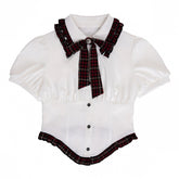 White Puff-Sleeve Lolita Blouse with Plaid Bow and Ruffles