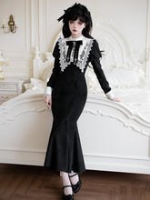 Black Elegant Lolita Mermaid Dress + White Embroidered Collar + Bowknot Brooch