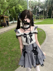 Jirai Kei Alt-Moe Black Plaid Cross Halter Top with Cutout Shoulder / High-Waist Skirt