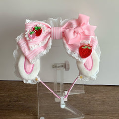 Sweet Bunny Ear Strawberry Theme Striped Oversized Bowknot KC