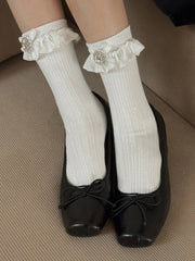 Ribbed Socks with Ruffled Cuff & Jewel Accents