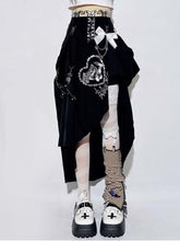 Punk Black Pin Chain Asymmetrical Hem Kitty Print Detachable Bow Skirt