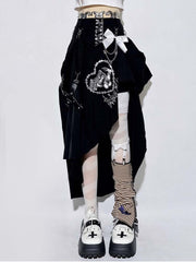 Punk Black Pin Chain Asymmetrical Hem Kitty Print Detachable Bow Skirt