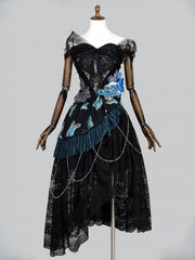 Black Lace Butterfly Print Off-the-shoulder Lolita Dress with Blue Flower Accents and Draped Chains