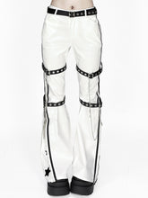 White Y2K Star Print Chain Charm Zip Cuffs Flare Silhouette Pants With Waist Belt