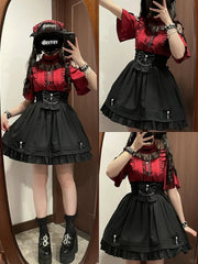 Wine Red Jirai Kei Full Set - Ruffle Neckline Lace Blouse + Cross Charm Bowknot Skirt
