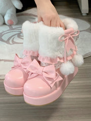 Pompon Embellishment, Bow Accents & Lace Details with Inner Zip PU Baby Pink Platform Boots in Sweet Lolita