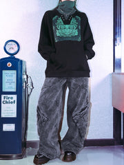 Gray Vintage Distressed Wide-Leg Jeans with Asymmetrical Pockets