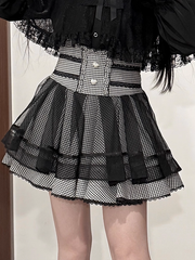 Heart Button Detailed Skirt - Jirai Kei Black & White Plaid High-Waist Tiered Design