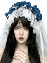 White Gothic Corpse Bride Lace-up Detail Veil with Blue Roses