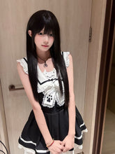 Black & White Kitten Print Sleeveless Covered-back / Backless Dress with Sailor Collar