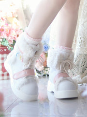 White Bunny Themed Winter Boots - Platform Sole with Plush Ear Accents & Hybrid Fastening
