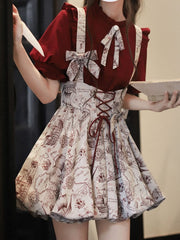 Wine Red Ruffle Neckline Blouse with Puff Sleeves and Pleating Details