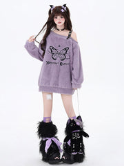 Sweet Butterfly Design Purple Asymmetrical Neckline Cozy Sweatshirt PU Shoulder Strap