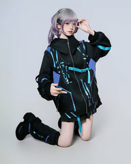 Anime Cyberpunk Matching Set: Blue & Purple Gradient Hooded Jacket, Skort & Leg Warmers for Gaming Fashion