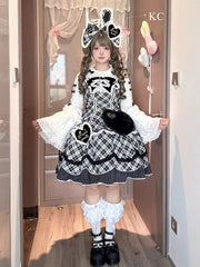 White & Black Plaid Sweetheart Appliques Sweet Lolita JSK Dress with Scalloped Edge Trim