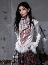 Vintage Punk Christmas White Knit Top with Plaid Shawl Collar & Red Wing Print