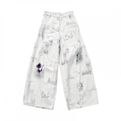 White Wide-leg Jeans with Hand-Drawn Doodles and Bow Print