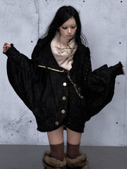 Red Vintage Punk Reversible Denim Jacket with Snap-button Front Closure & Batwing Sleeves