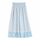 Blue Elastic Waist Floral Pattern Lace Skirt