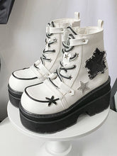 Star Appliques Punk White Denim Platform Ankle Boots