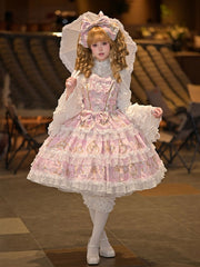 Pink Floral and Crystal Chandelier Print Lolita JSK with Bow Accents