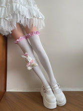 White Overknee Stockings with Pink and White Plaided Ruffle Trim/Plush Rabbit Leg Loop