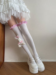 White Overknee Stockings with Pink and White Plaided Ruffle Trim/Plush Rabbit Leg Loop