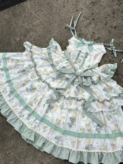 Blueberry and Ice Cream Print Tiered Skirt Light Green Ruffle Trimming Lolita Dress