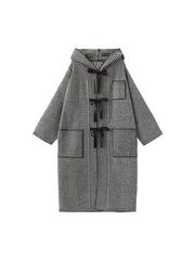 Vintage Preppy Gray Striped Hooded Cardigan Coat with Tie-Front Bow Closure