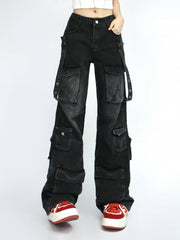Vintage Distressed Jeans with Multiple Cargo Pockets and Denim Strap Design